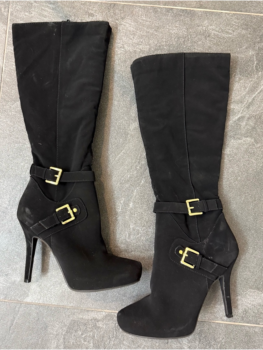 Elegant Black Knee-High Heeled Boots with Gold Buckles